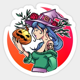 Halloween Cute Witch With Pumpkin and the Moon Sticker